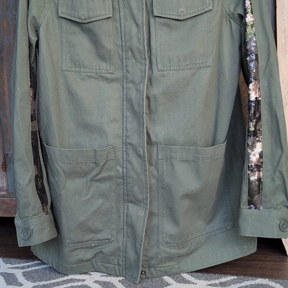 Madden NYC Twill Military Utility Jacket Olive Green Camo Sequins - Women's M - Picture 3 of 8